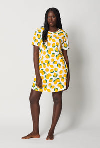 A lady wearing White and  Yellow Stretch Jersey T-Shirt Sleep Dress front view