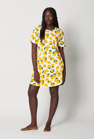 A lady wearing White and  Yellow Stretch Jersey T-Shirt Sleep Dress front view