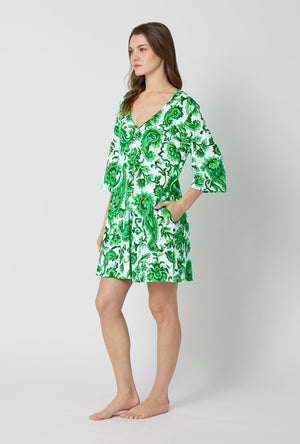 A lady wearing Green and  White Stretch Jersey Sleep Dress side view