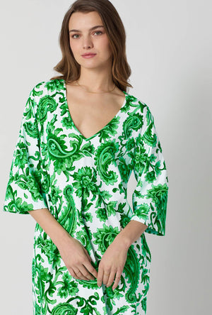 A closeup of A lady wearing Green and  White Stretch Jersey Sleep Dress