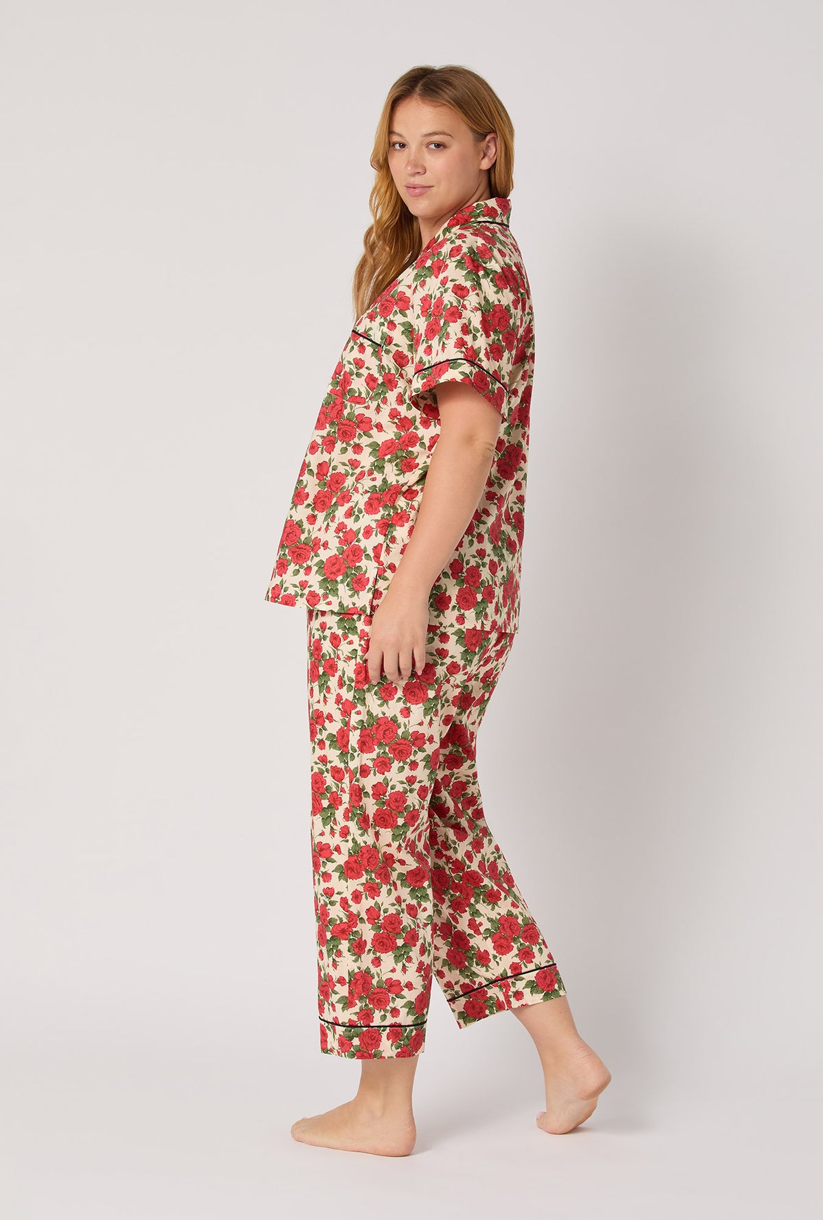 A Lady wearing Carline Rose Short Sleeve Classic Woven Tana Lawn® Cropped Pj Set Made With Liberty Fabric
