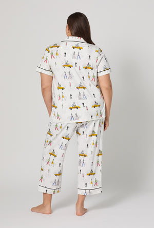 A lady wearing plus size Fashion Week Short Sleeve Classic Stretch Jersey Cropped Pj Set