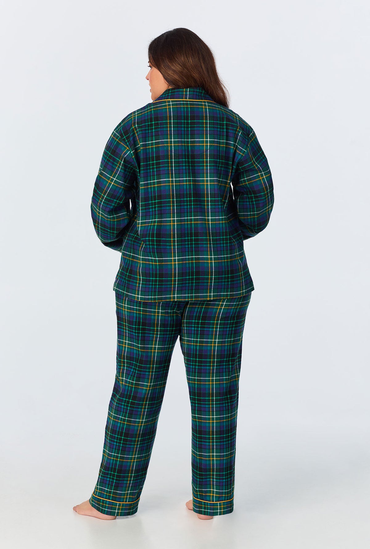A lady wearing Celebration Plaid Long Sleeve Classic Woven Portuguese Flannel PJ Set