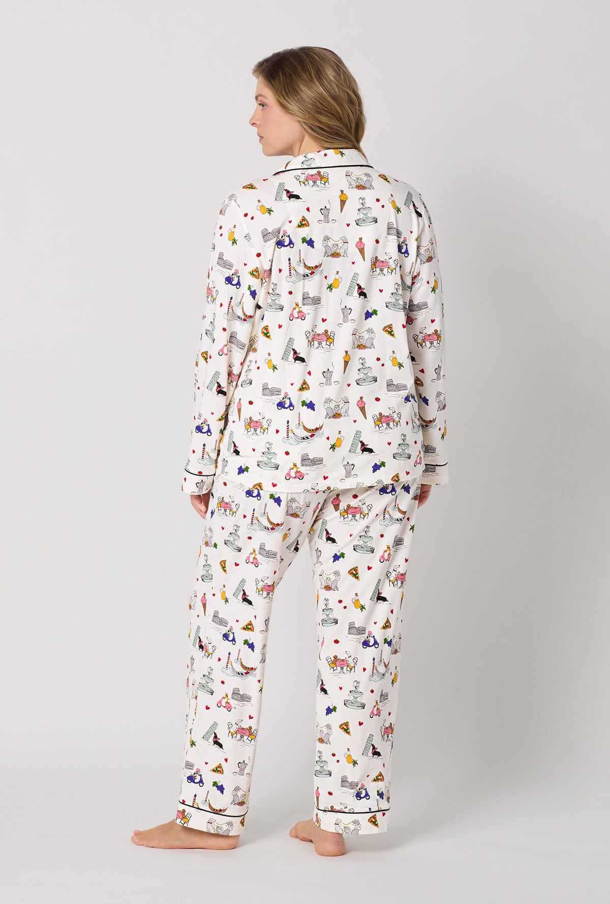 A lady wearing plus size White Long Sleeve Classic Stretch Jersey Pj Set back view