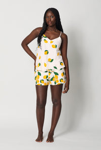 A lady wearing White Cami Shorty Stretch Jersey Pj Set front view