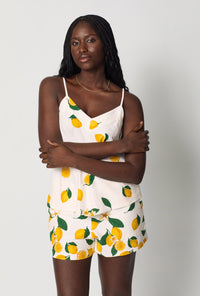 A closeup of A lady wearing White Cami Shorty Stretch Jersey Pj Set