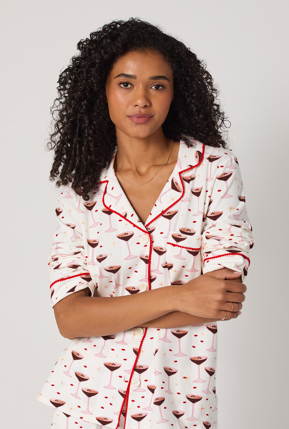 A lady wearing Espresso Kisses Long Sleeve Classic Stretch Jersey Shorty Pj Set