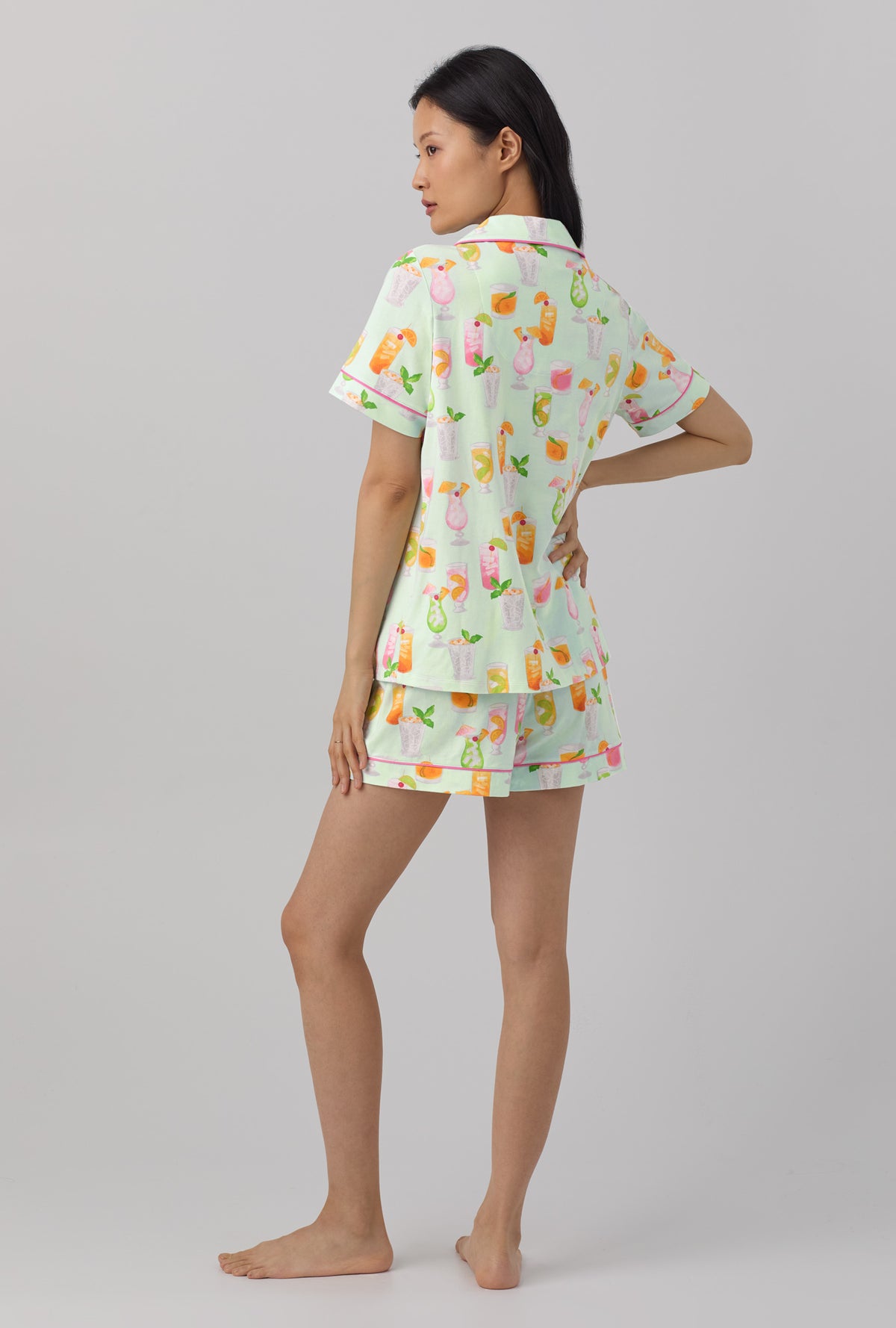 A lady wearing Short Sleeve Classic Shorty Stretch Jersey PJ Set with summer sips print
