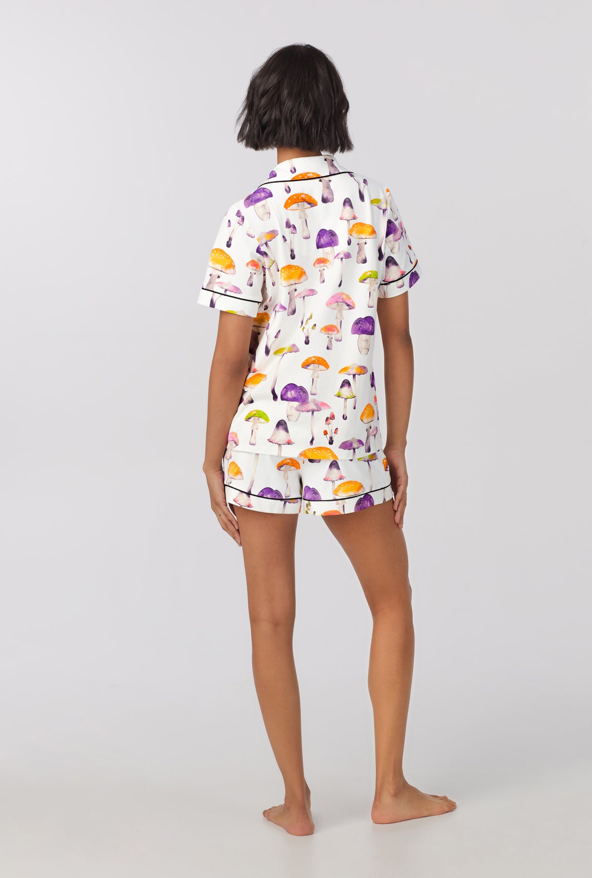 A lady wearing Short Sleeve Classic Shorty Stretch Jersey PJ Set with Dazzling Mushrooms print 