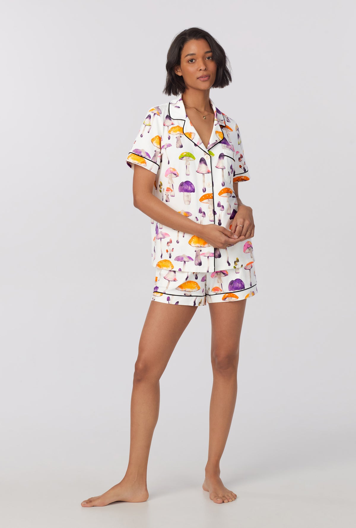 A lady wearing Short Sleeve Classic Shorty Stretch Jersey PJ Set with Dazzling Mushrooms print 