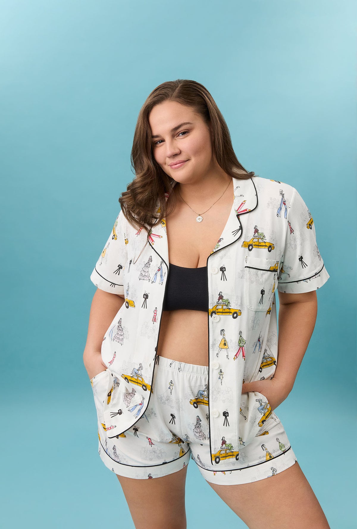 A lady wearing plus size Fashion Week Short Sleeve Classic Shorty Stretch Jersey Pj Set