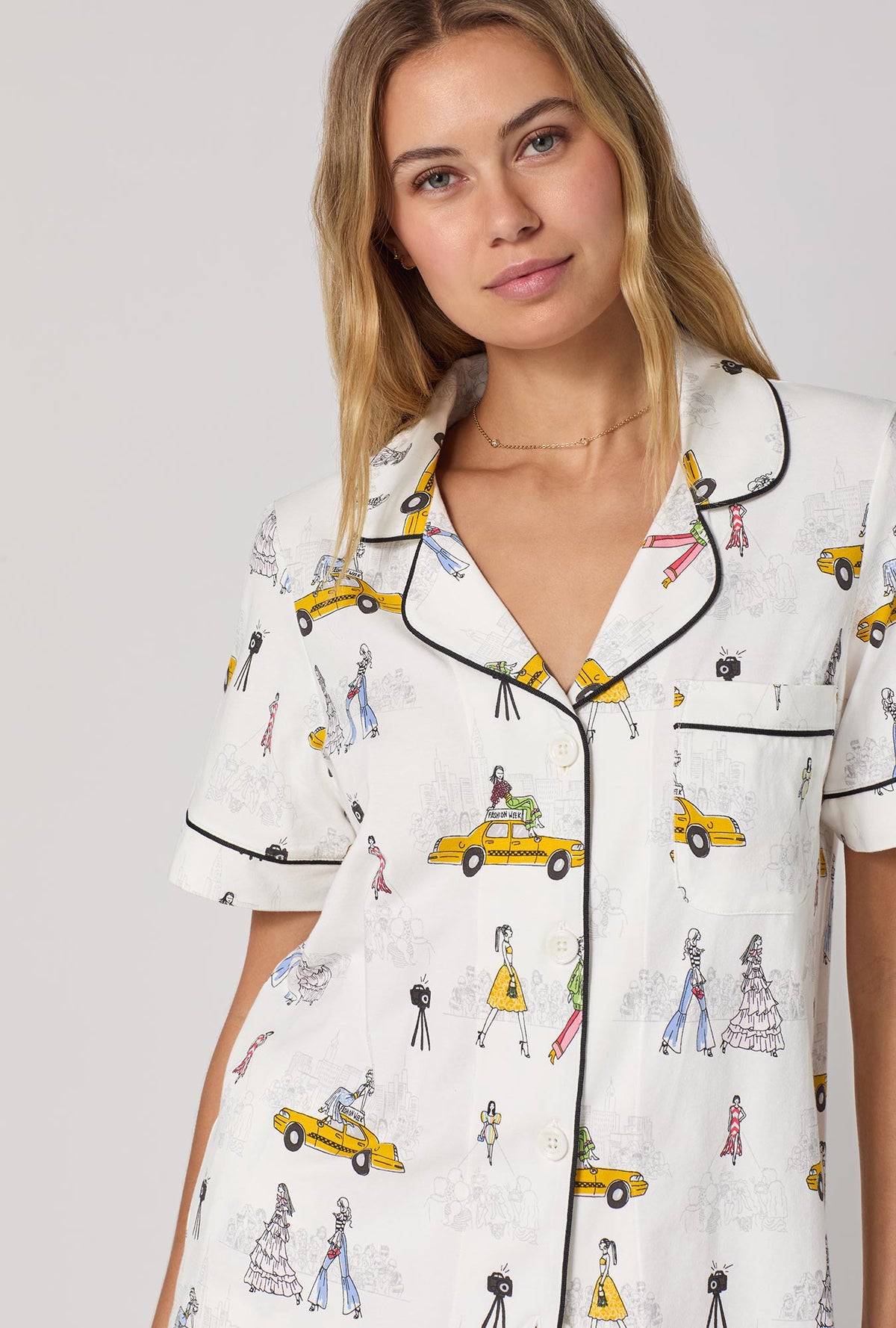 A lady wearing Fashion Week Short Sleeve Classic Shorty Stretch Jersey Pj Set