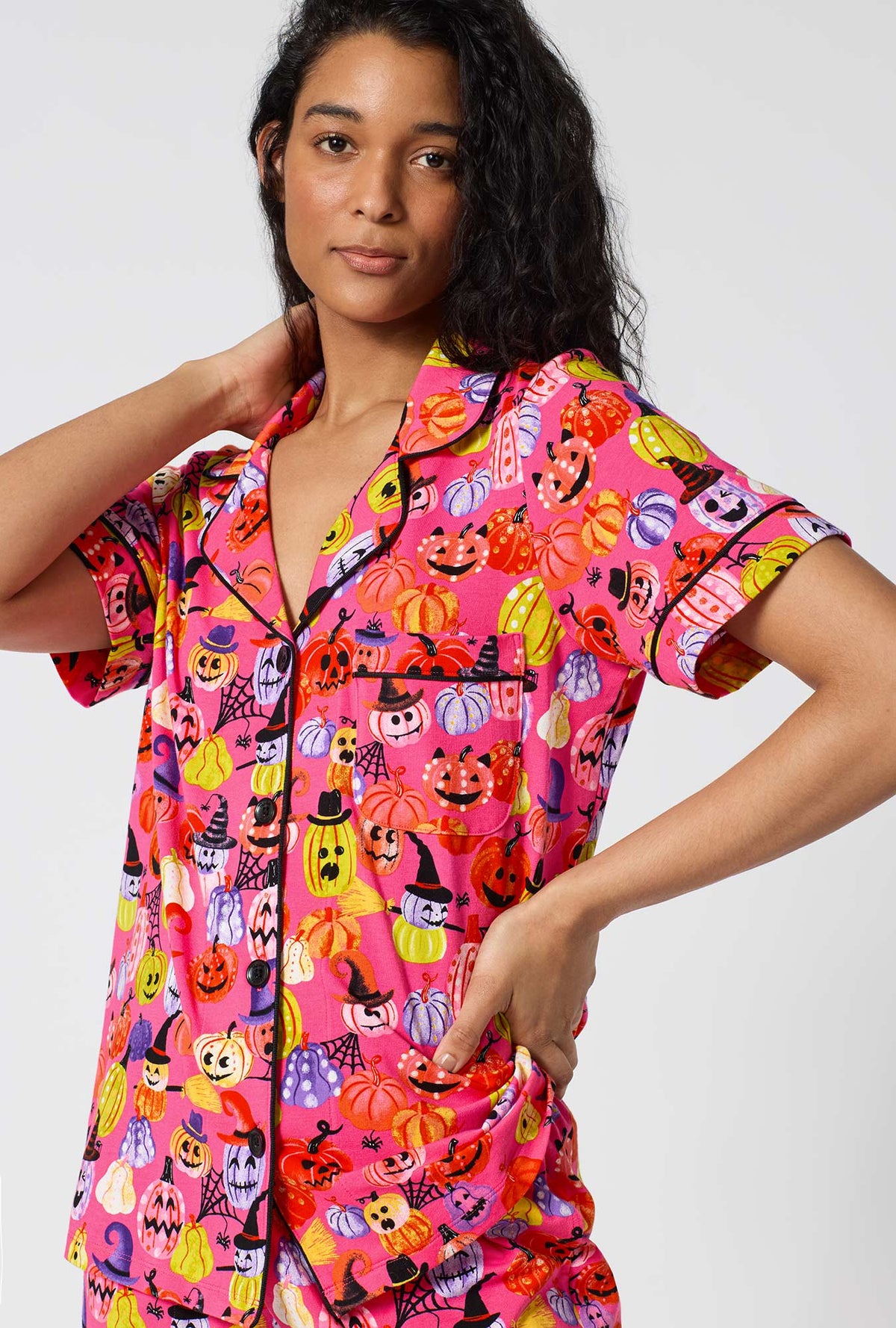 A Lady Wearing Pumpkin Patch Party Short Sleeve Classic Shorty Stretch Jersey Pj Set in a front close up view pose