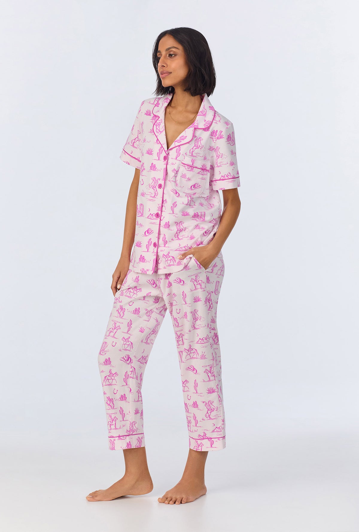 A lady wearing Cowgirl Toile Short Sleeve Classic Stretch Jersey Cropped PJ Set