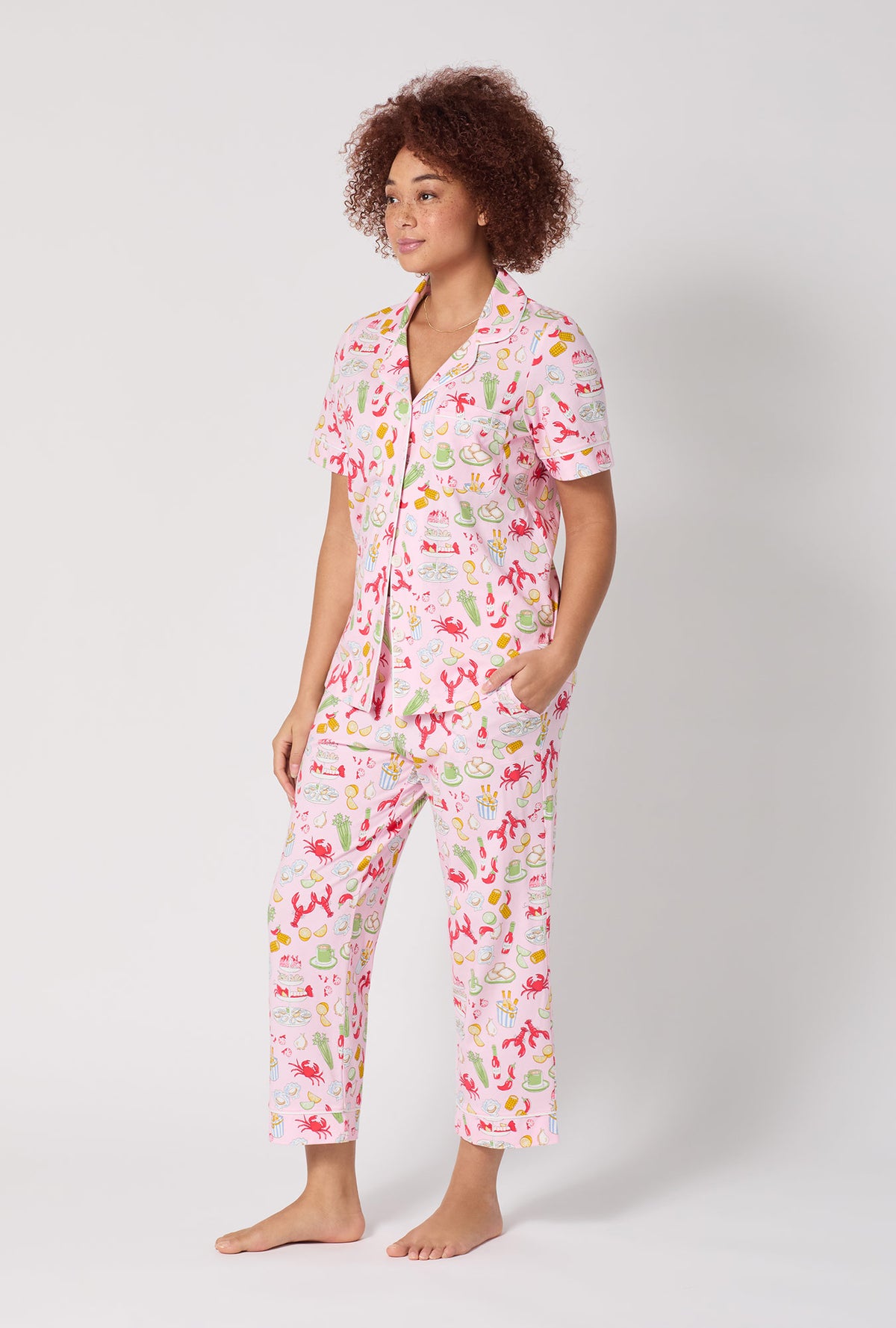 A lady wearing French Quarter Short Sleeve Classic Stretch Jersey Cropped Pj Set
