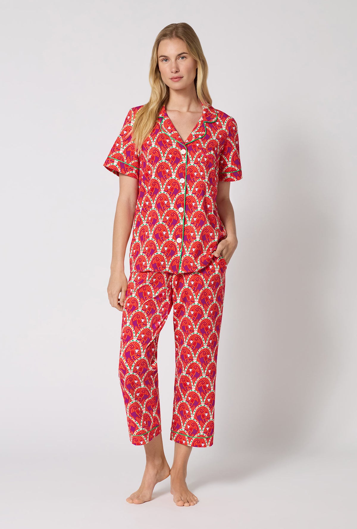 A Lady Wearing Monkeying Around Short Sleeve Classic Stretch Jersey Cropped Pj Set