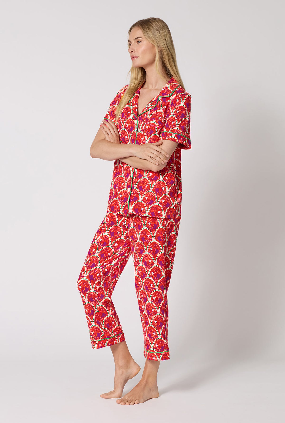 A Lady Wearing Monkeying Around Short Sleeve Classic Stretch Jersey Cropped Pj Set in a side angled pose