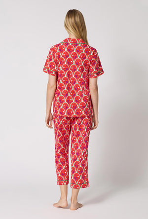 A Lady Wearing Monkeying Around Short Sleeve Classic Stretch Jersey Cropped Pj Set in a back view pose