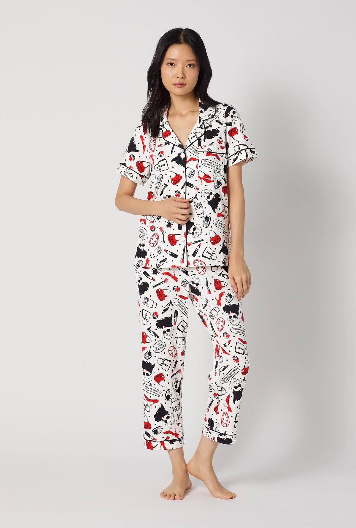 A lady wearing Devil Wears Prada Short Sleeve Classic Stretch Jersey Cropped Pj Set looking front