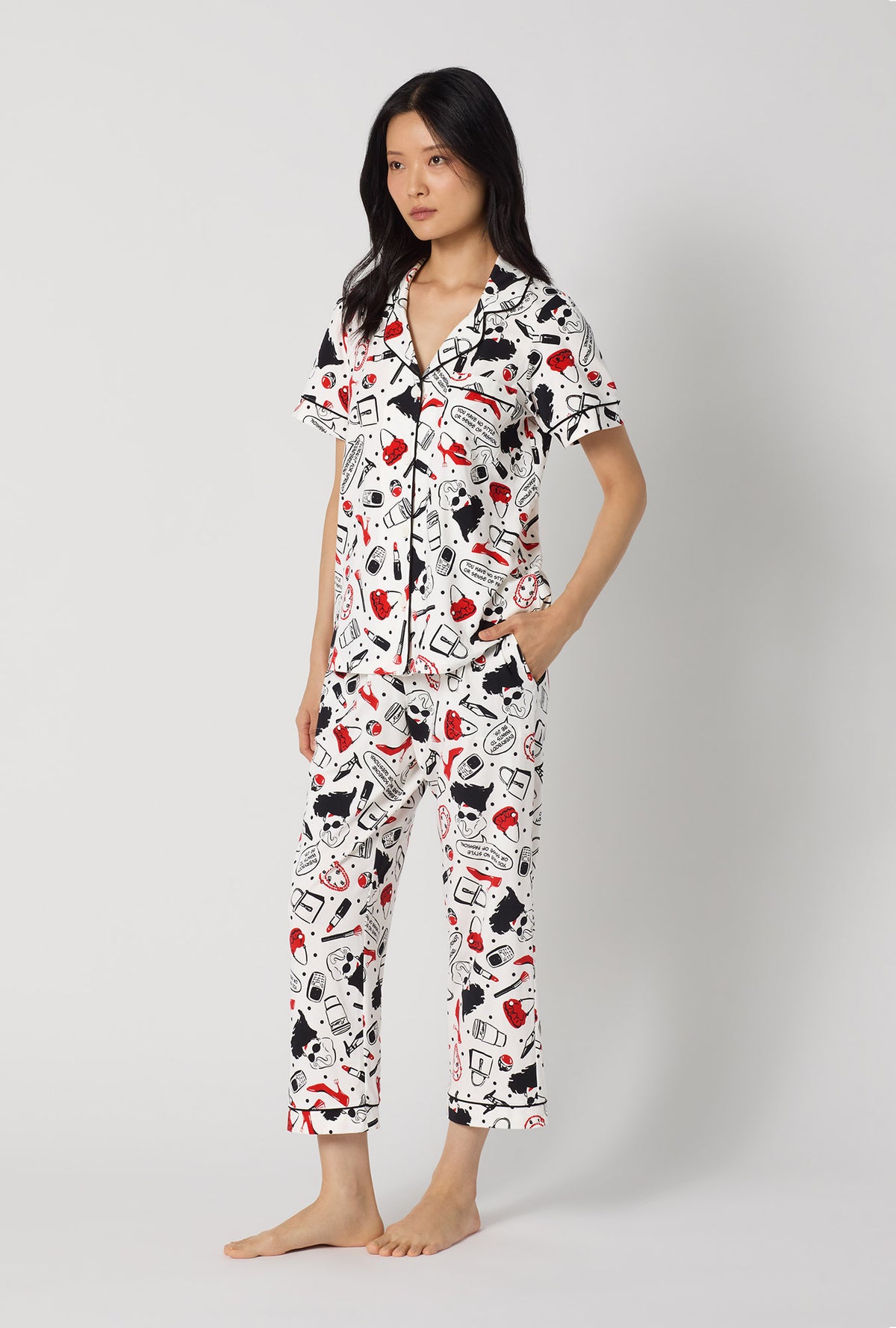 A lady wearing Devil Wears Prada  Short Sleeve Classic Stretch Jersey Cropped Pj Set