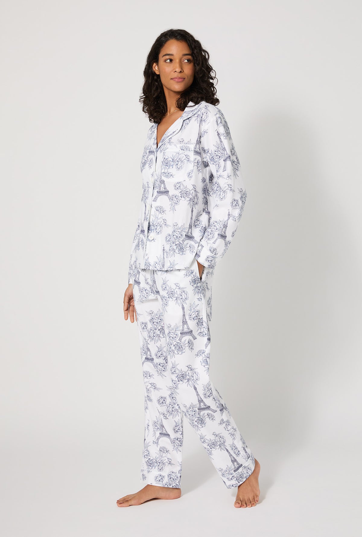 A lady wearing La Belle Eiffel Long Sleeve Classic Woven Portuguese Flannel PJ Set