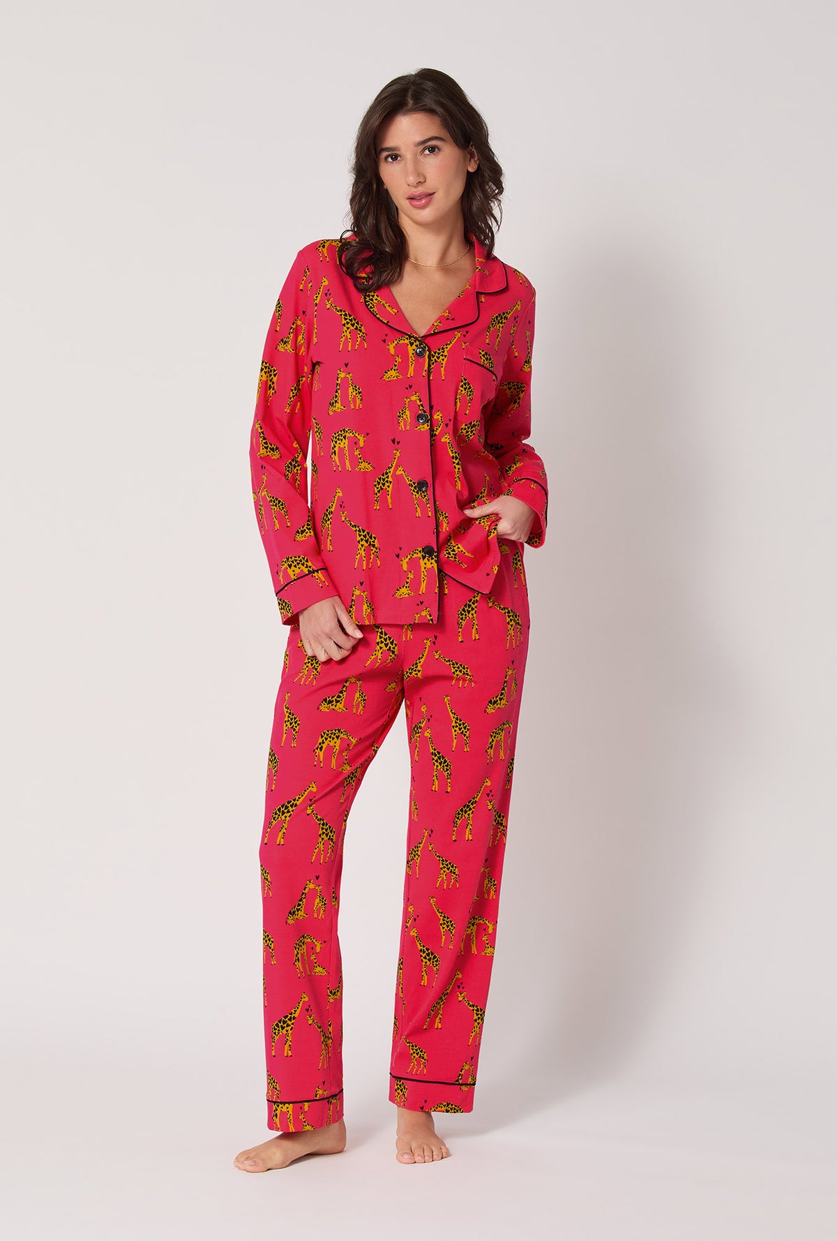 A lady wearing Giraffes In Love Long Sleeve Classic Stretch Jersey Pj Set