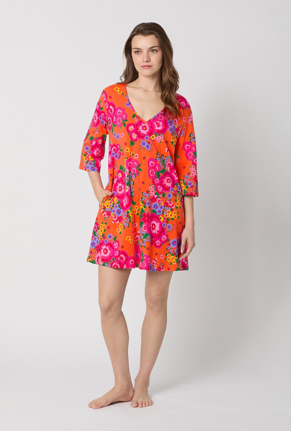 A lady wearing Orange Stretch Jersey Sleep Dress front view