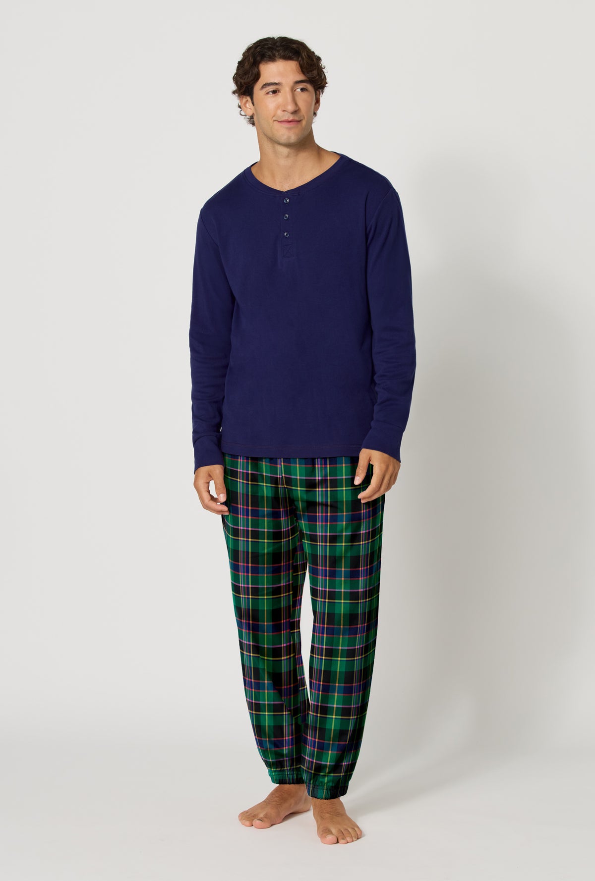 A Man wearing Winter Plaid Men's Long Sleeve Henley And Jogger Woven Portuguese Flannel Pj Set looking side