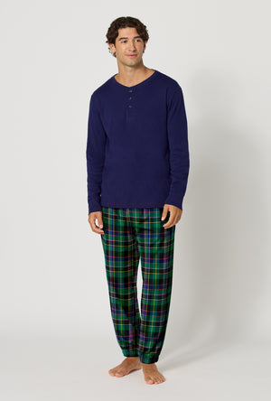 A Man wearing Winter Plaid Men's Long Sleeve Henley And Jogger Woven Portuguese Flannel Pj Set looking side