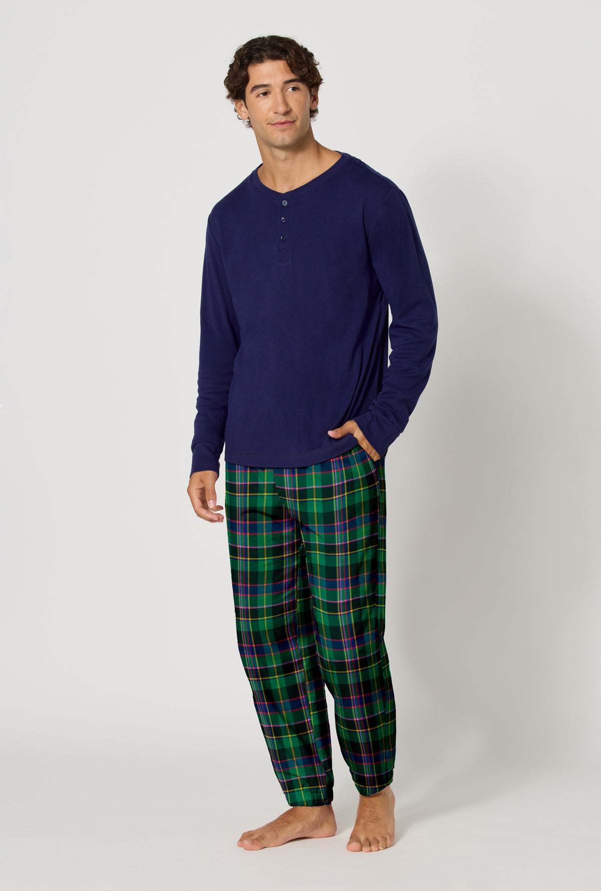 A Man wearing Winter Plaid Men's Long Sleeve Henley And Jogger Woven Portuguese Flannel Pj Set