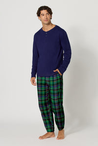 A Man wearing Winter Plaid Men's Long Sleeve Henley And Jogger Woven Portuguese Flannel Pj Set