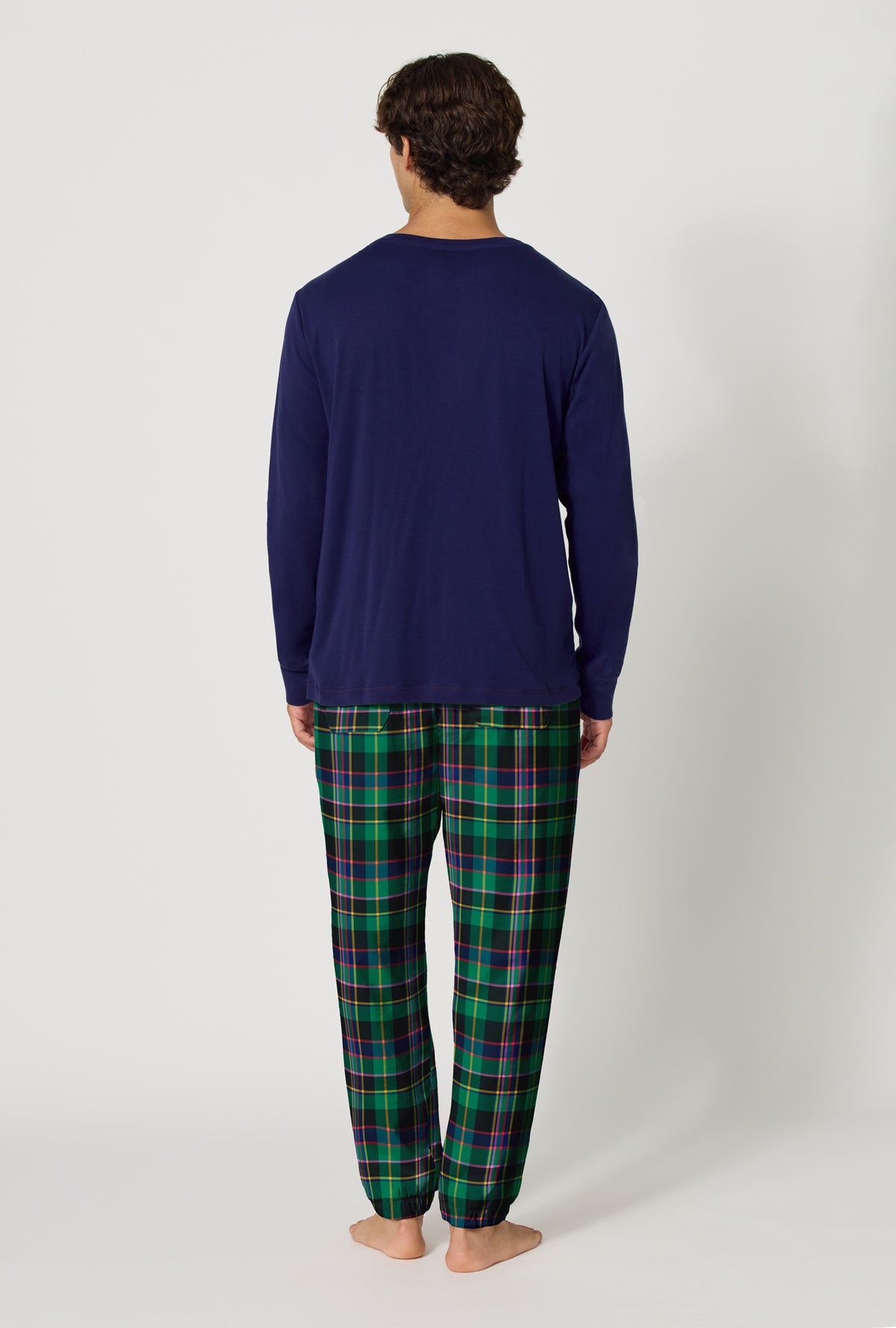 A Man wearing Winter Plaid Men's Long Sleeve Henley And Jogger Woven Portuguese Flannel Pj Set back view