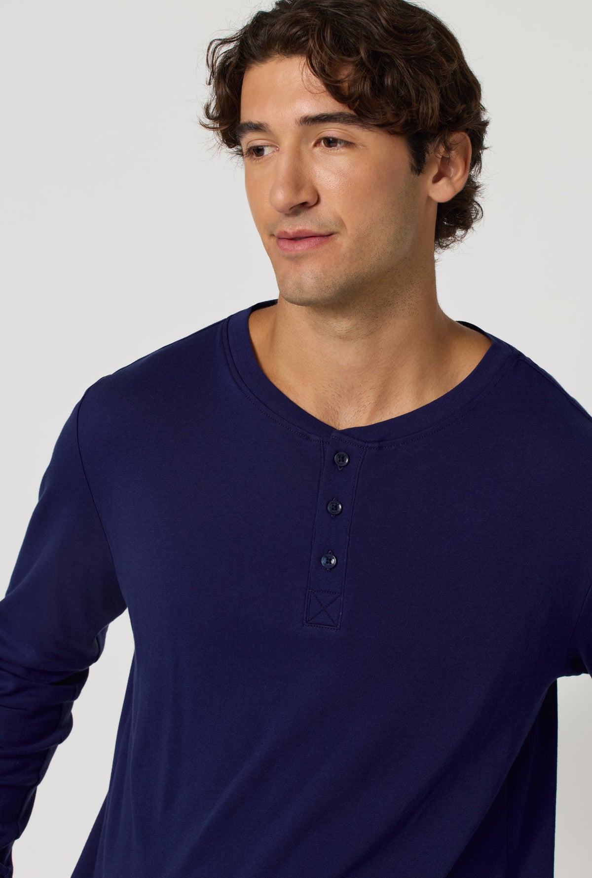 A Man wearing Winter Plaid Men's Long Sleeve Henley And Jogger Woven Portuguese Flannel Pj Set closer look