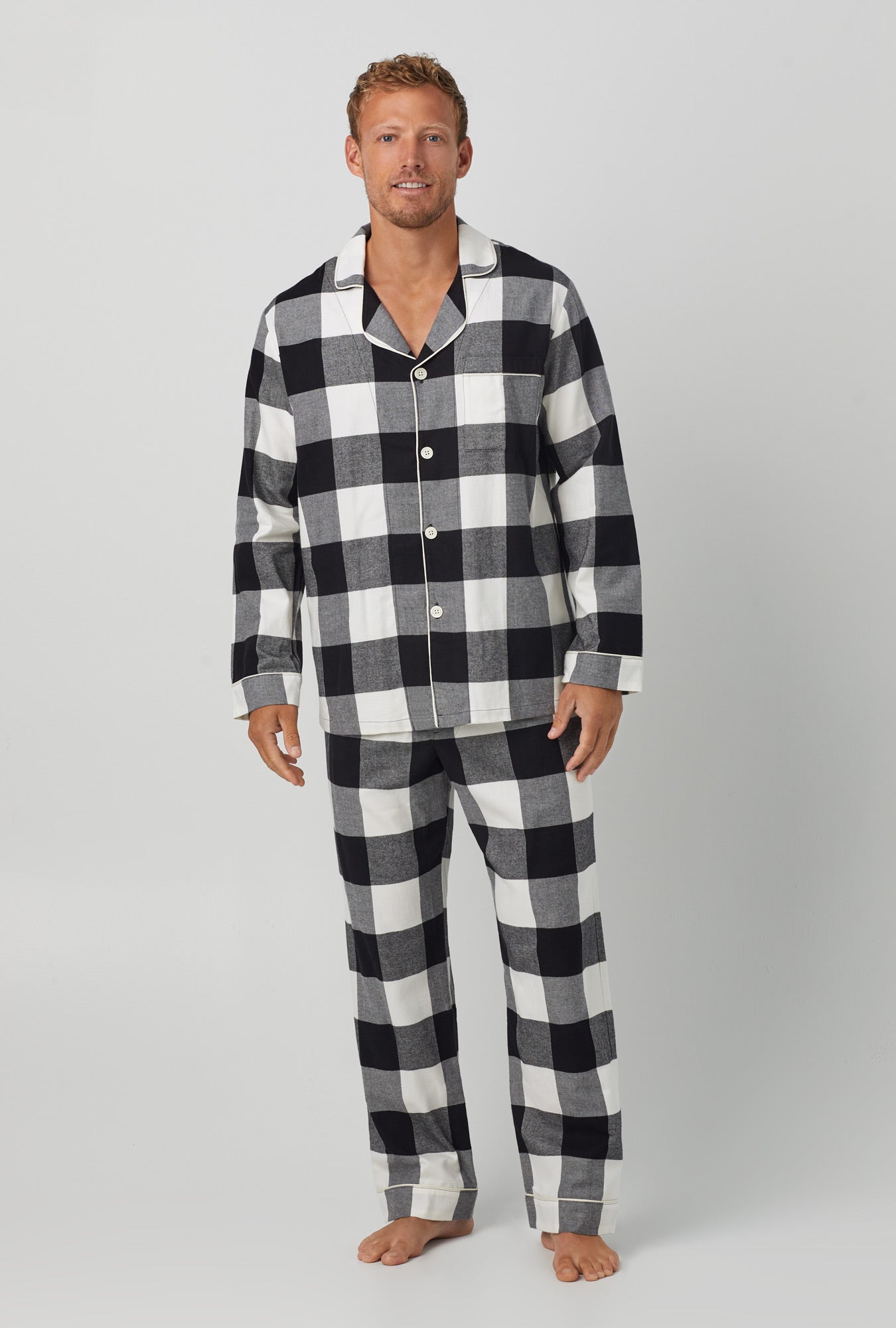 A man wearing  Long Sleeve Classic Woven Cotton Portuguese Flannel PJ Set with Antique Check  print