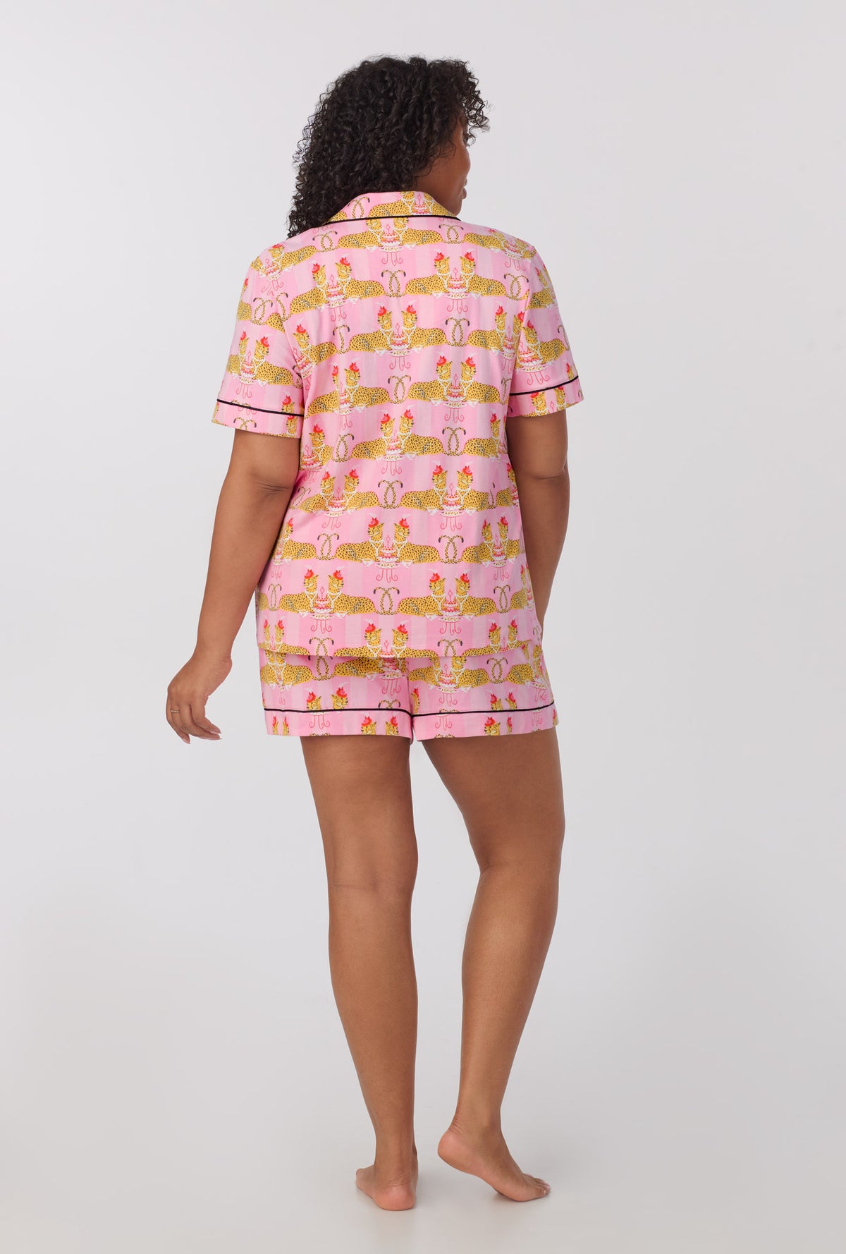 A lady wearing Short Sleeve Classic Shorty Stretch Jersey PJ Set with Tea For Two print