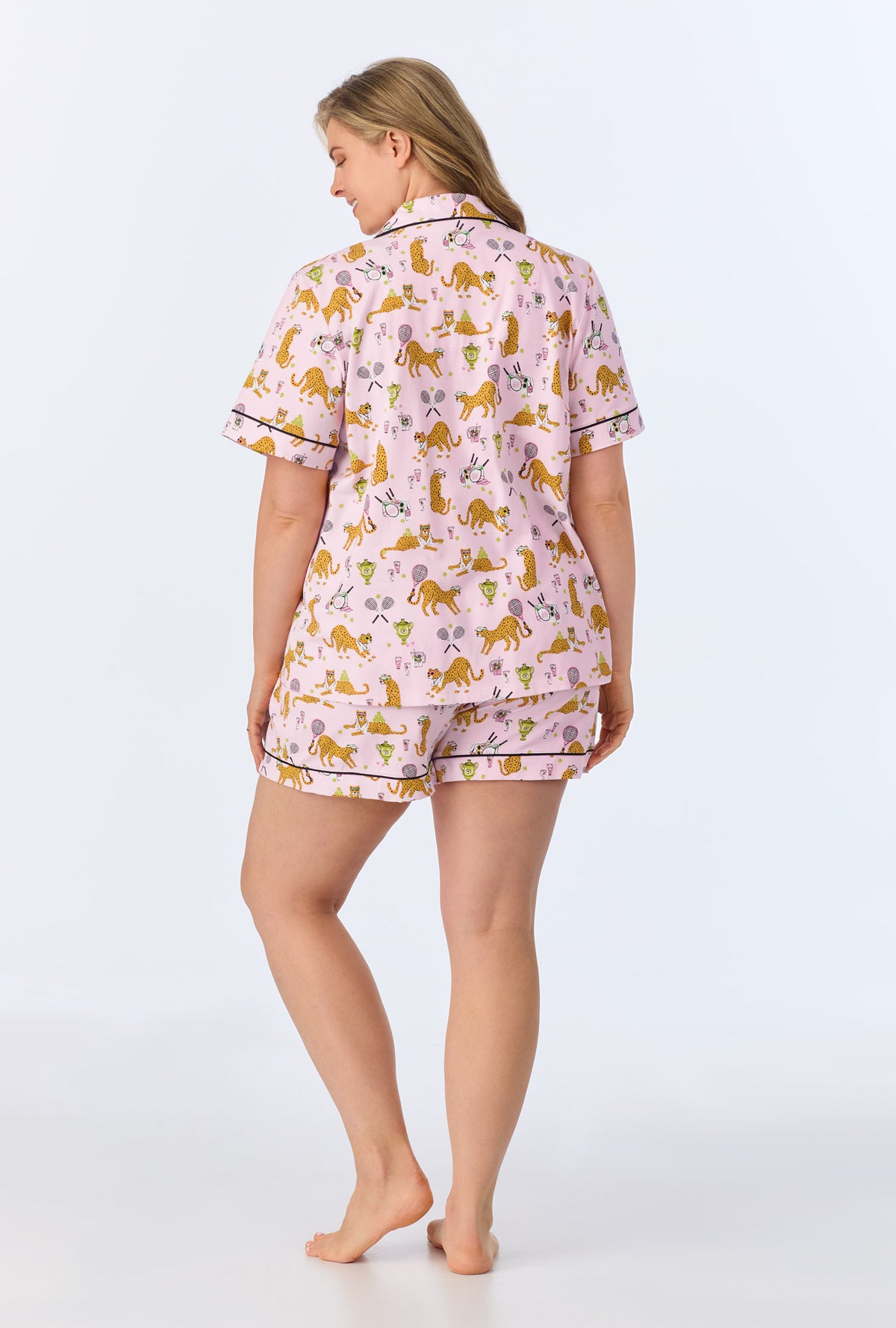 A lady wearing Tennis Cheetahs Short Sleeve Classic Shorty Stretch Jersey PJ Set