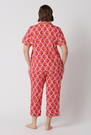 A Lady Wearing Plus Size Monkeying Around Short Sleeve Classic Stretch Jersey Cropped Pj Set in a back view pose