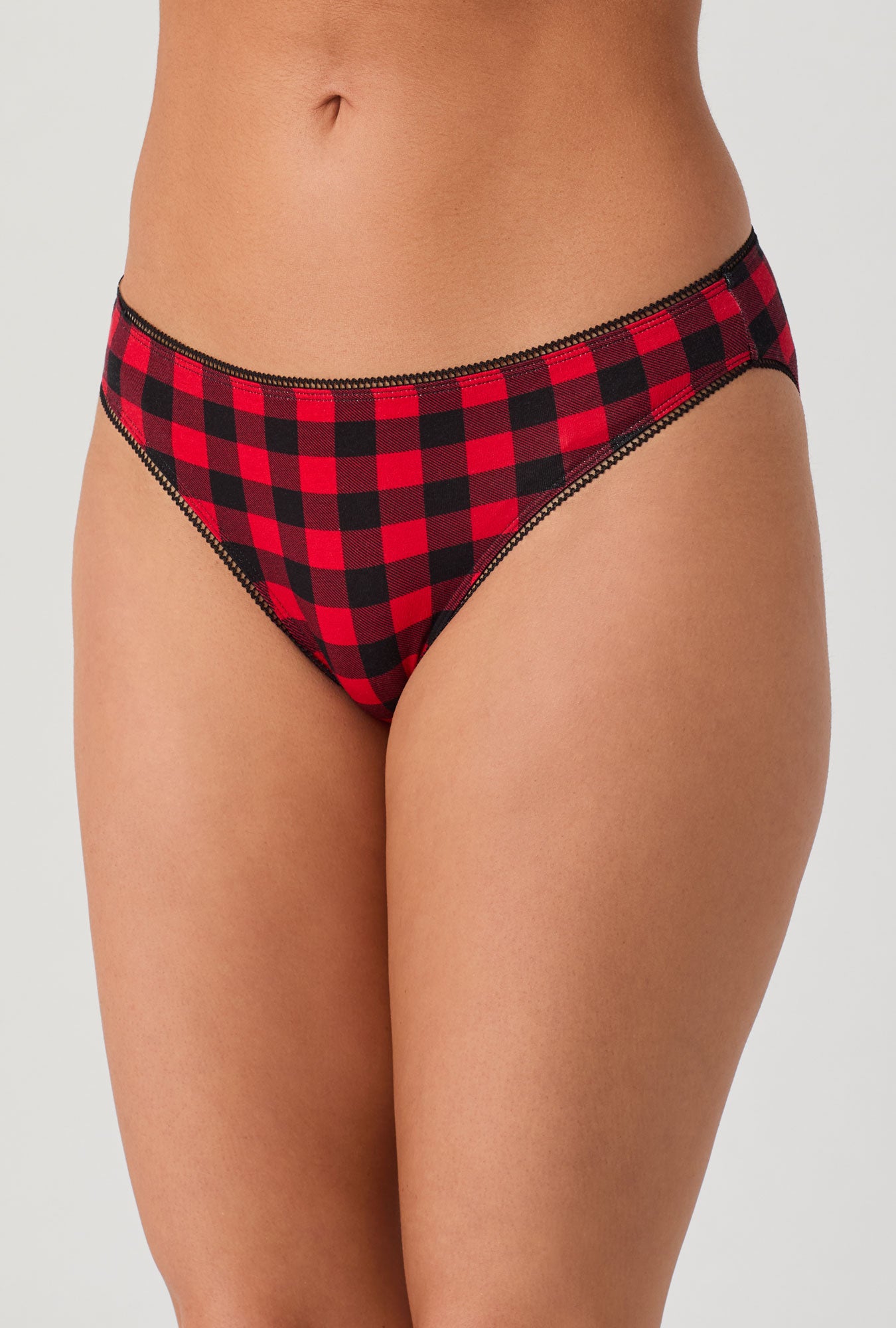 A lady wearing Buffalo Plaid Stretch Jersey Bikini Underwear