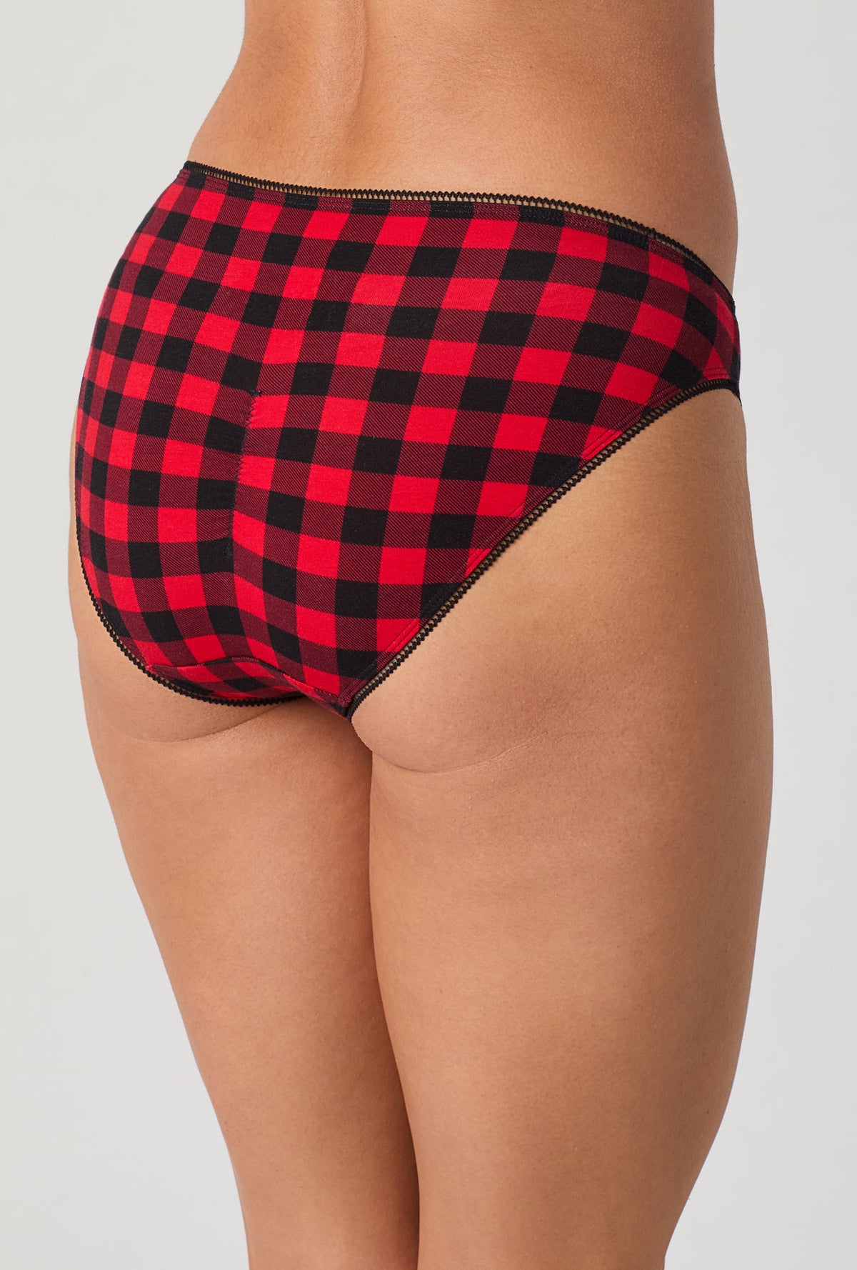 A lady wearing Buffalo Plaid Stretch Jersey Bikini Underwear