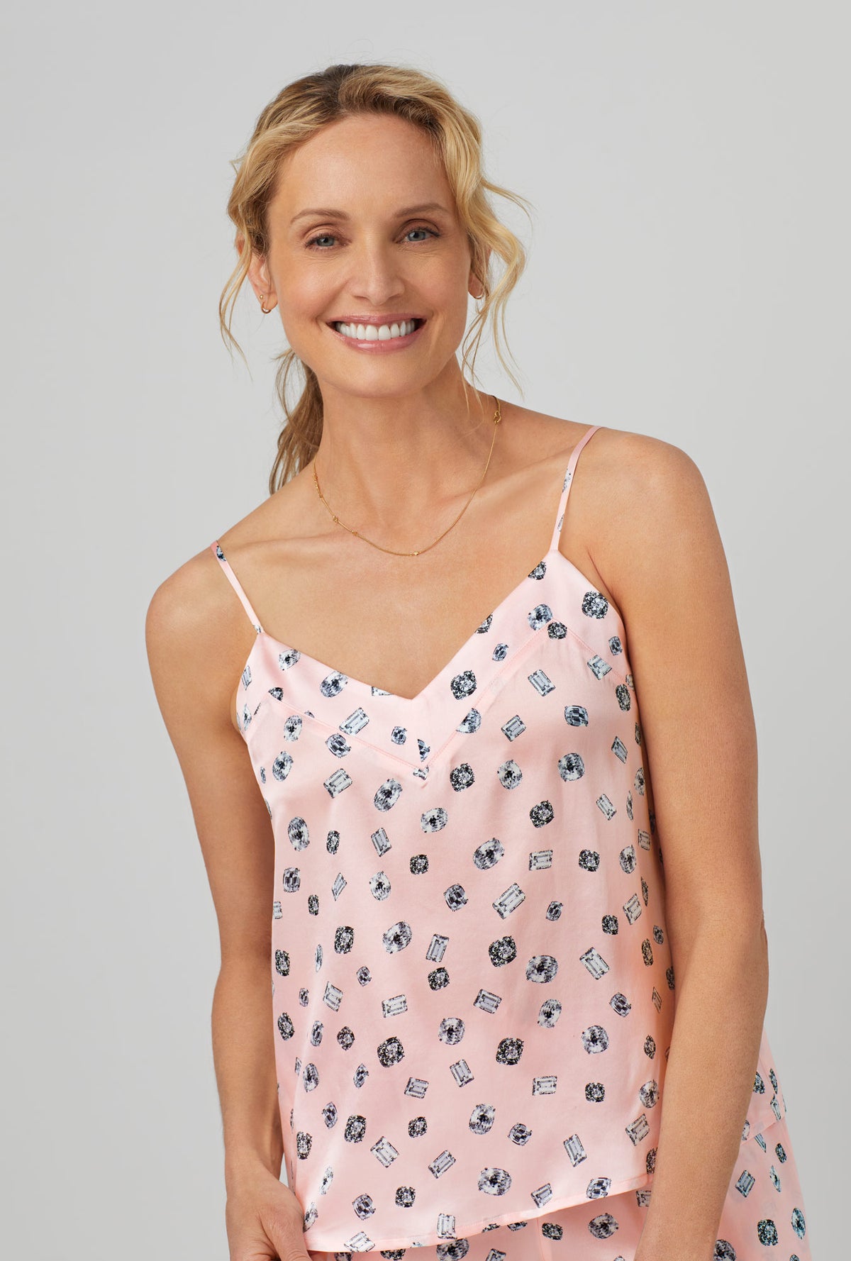 A lady wearing pink Cami Washable Silk Satin Short PJ Set with Shine Bright  print