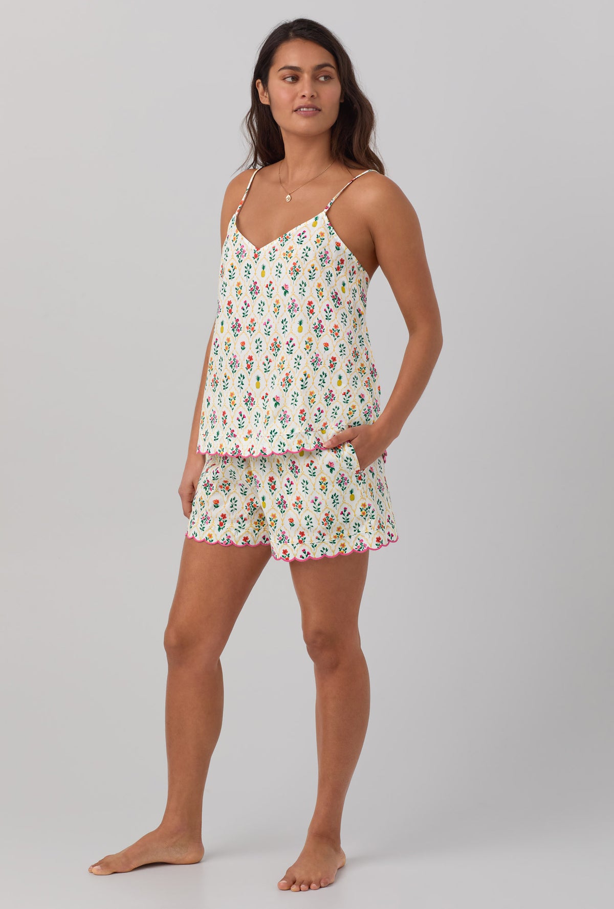 A lady wearing Scallop Cami Woven Cotton Poplin Shorty PJ Set with darling floral print