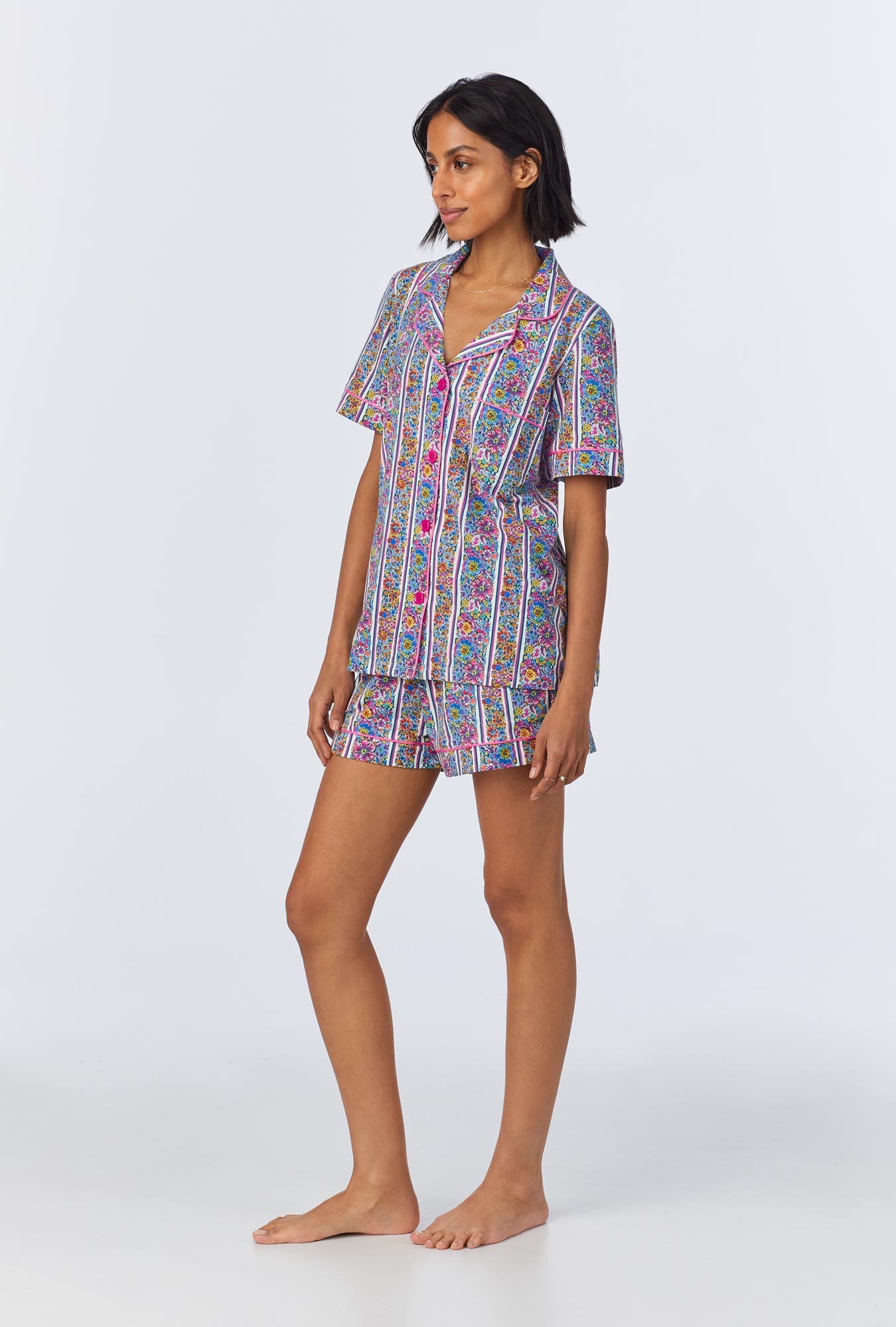 A lady wearing Bel Fiore Short Sleeve Classic Shorty Stretch Jersey PJ Set