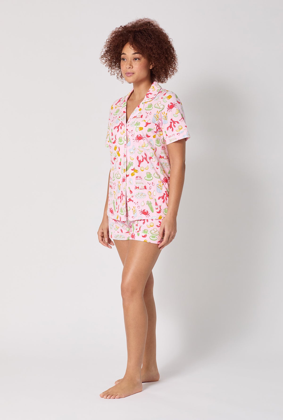 A lady wearing French Quarter Short Sleeve Classic Shorty Stretch Jersey Pj Set