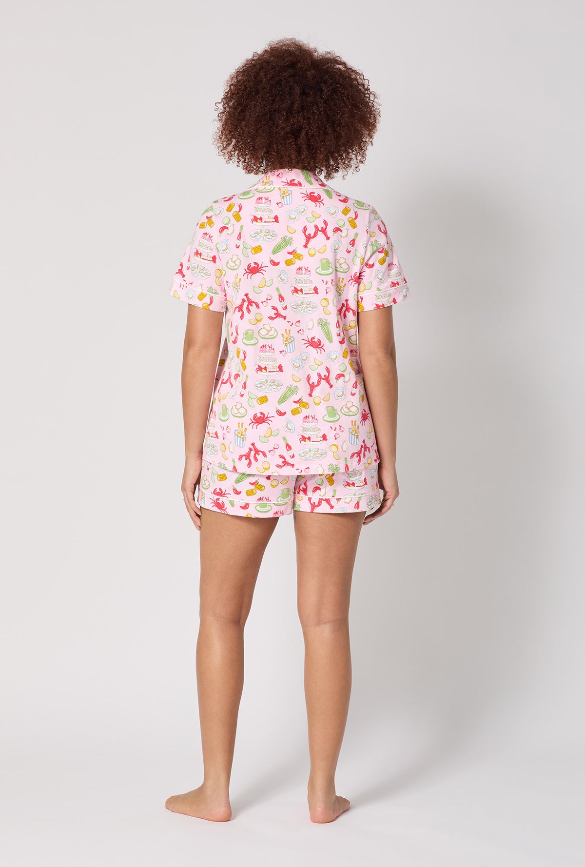 A lady wearing French Quarter Short Sleeve Classic Shorty Stretch Jersey Pj Set