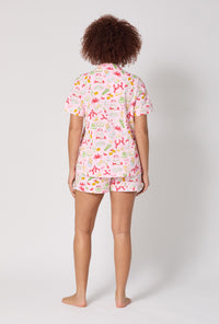 A lady wearing French Quarter Short Sleeve Classic Shorty Stretch Jersey Pj Set