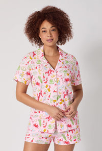 A lady wearing French Quarter Short Sleeve Classic Shorty Stretch Jersey Pj Set