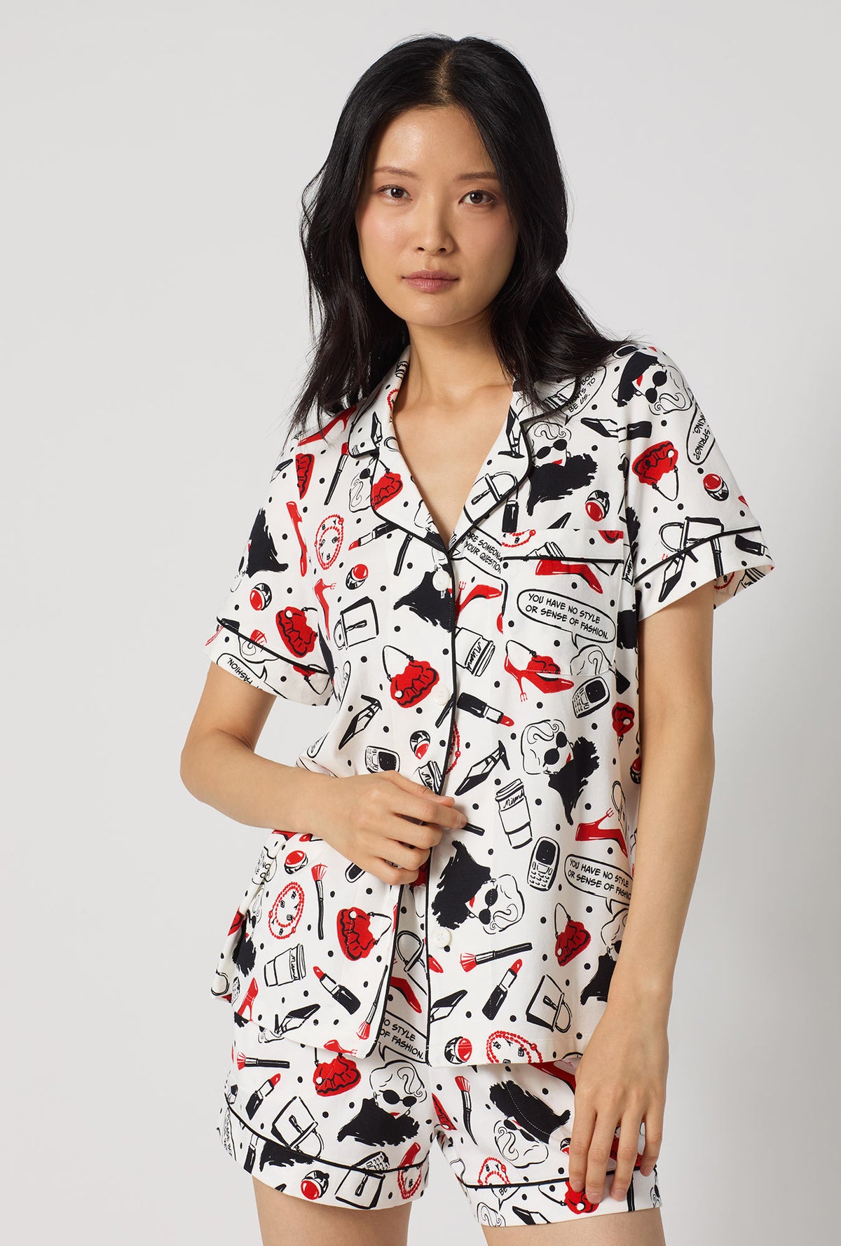 A lady wearing Devil Wears Prada  Short Sleeve Classic Shorty Stretch Jersey Pj Set closer look