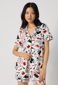 A lady wearing Devil Wears Prada  Short Sleeve Classic Shorty Stretch Jersey Pj Set closer look
