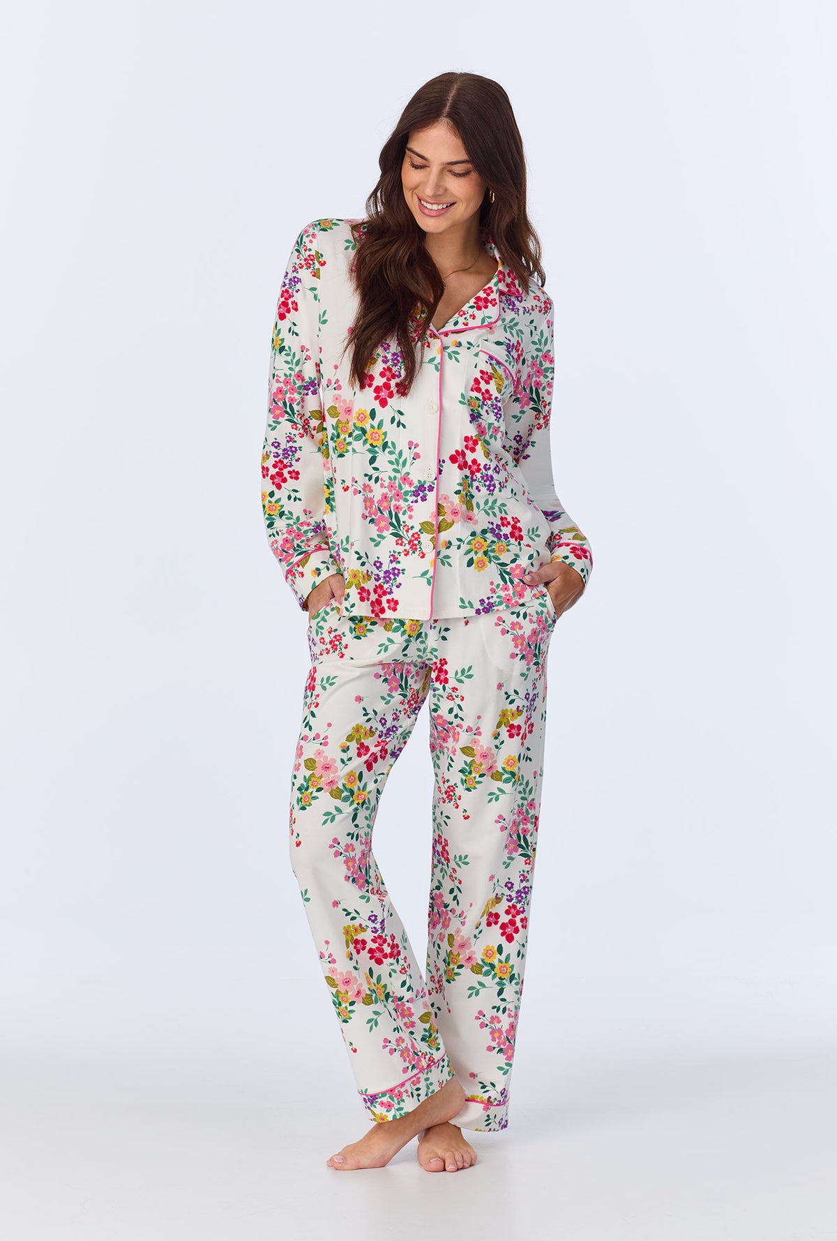 A lady wearing Full Bloom Long Sleeve Classic Stretch Jersey PJ set