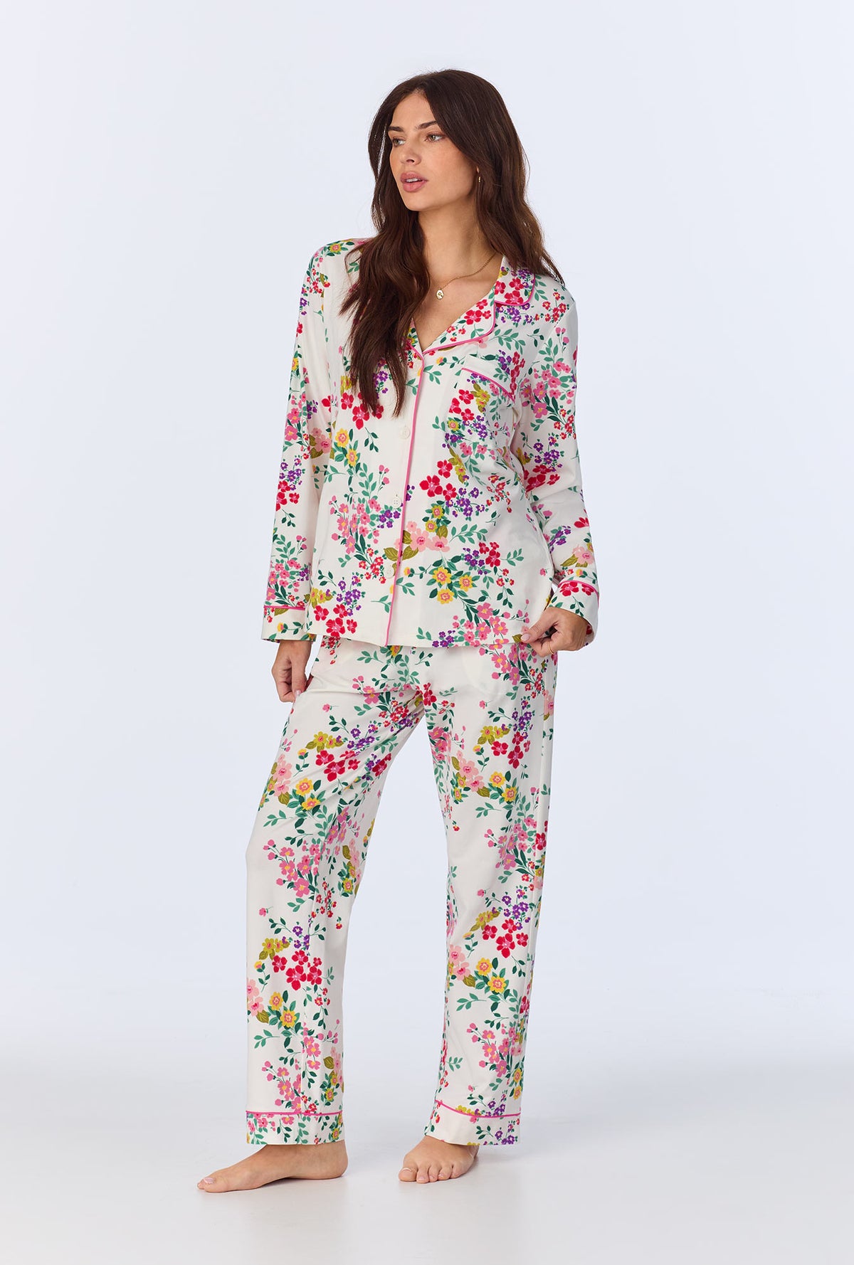 A lady wearing Full Bloom Long Sleeve Classic Stretch Jersey PJ set